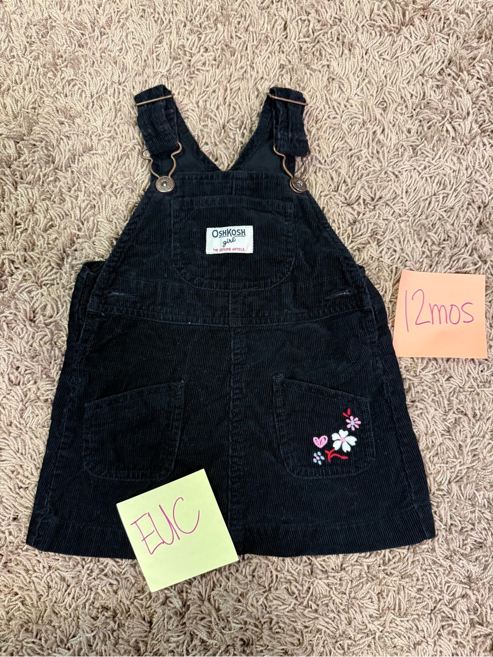 OshKosh B'gosh Black Corduroy Overall Dress with Floral Accent